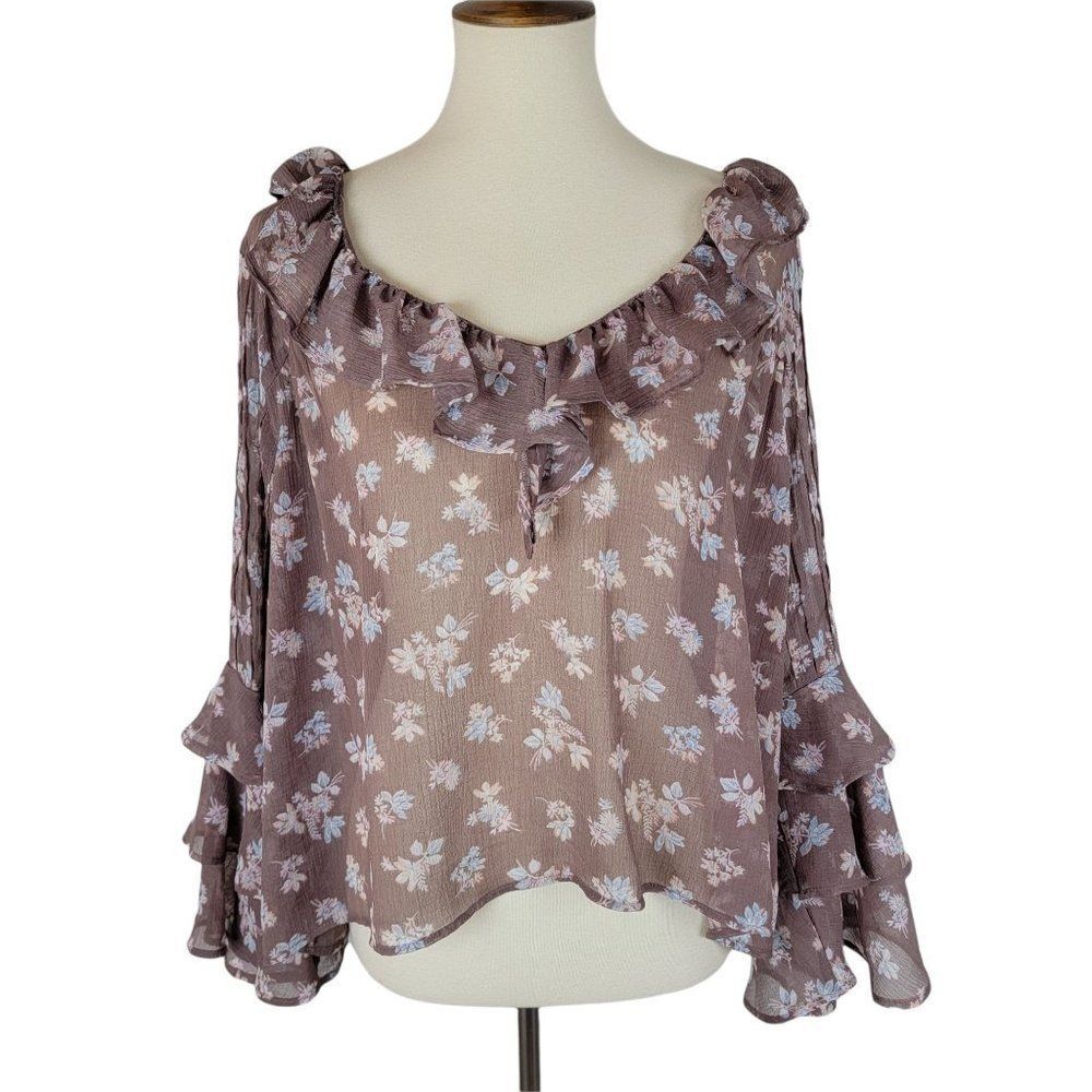 American Eagle Outfitters Taupe Floral Ruffle Pleated Flare Sleeves Sheer Top L